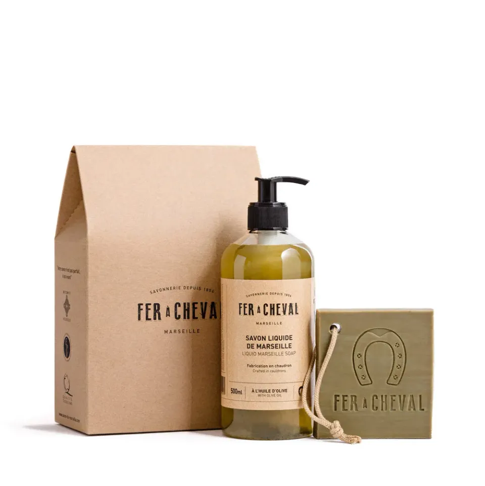 Savonnerie Fer à Cheval Savons Marseille Olive coffret liquide tranche
