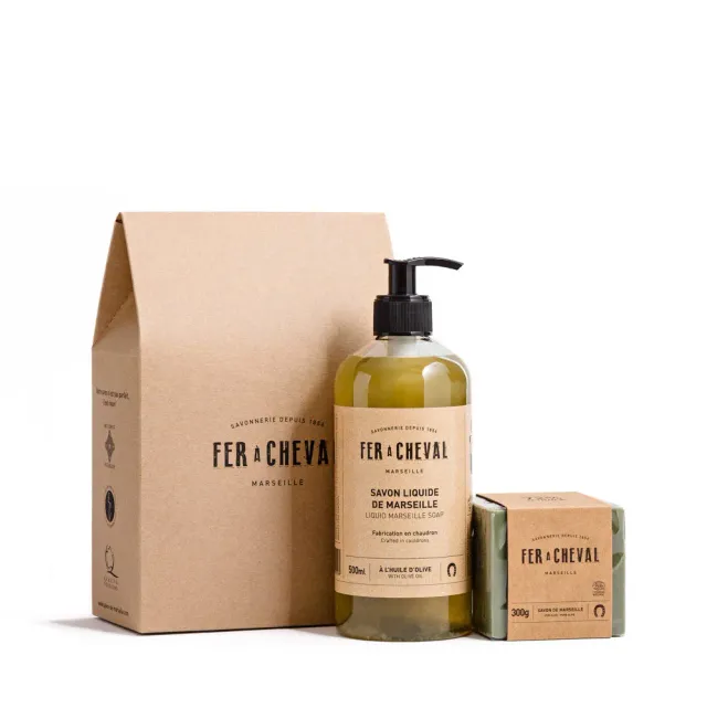 Savonnerie Fer à Cheval Savons Marseille Pur Olive coffret liquide cube